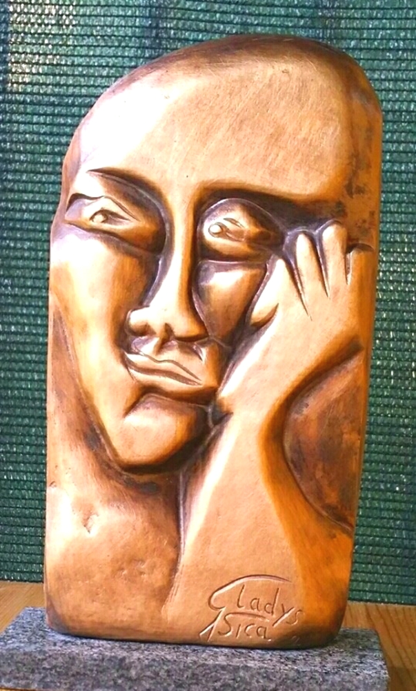 'Pensiero ipnotico' altorilievo bronzo su granito nero grezzo (dal gesso) cm31x17x4,5