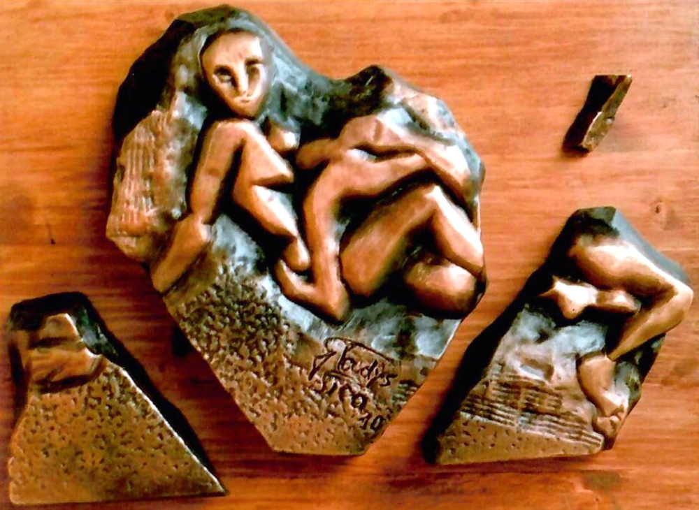 'Spezzato il legame' altorilievo bronzo e legno su travertino (dal marmo) cm40x29,5x6,5
