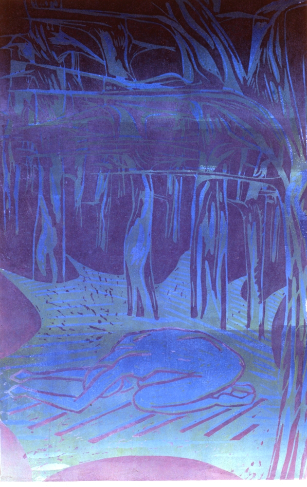 'Rituale del bosco - Arcano IX'  xilografia su linoleum 3-7 1981 cm38,5x25