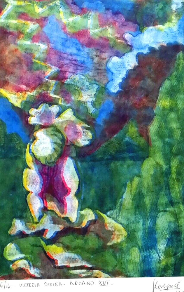 'Vittoria divina - Arcano XVI' 6-16 vernice alla gomma con testure su lastra di zinco cm34,5x23,5