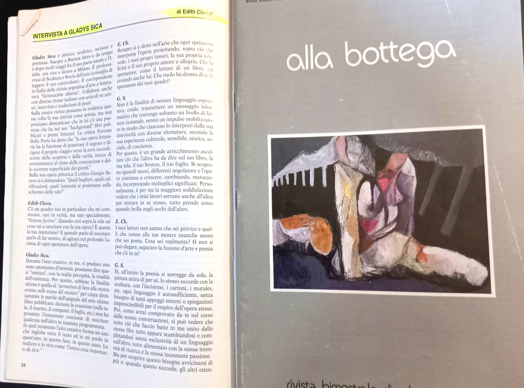Intervista di Edith Checa, Rivista Alla Bottega, 2012 e dipinto olio su tela 'Lungo il cammino', in copertina, 1994