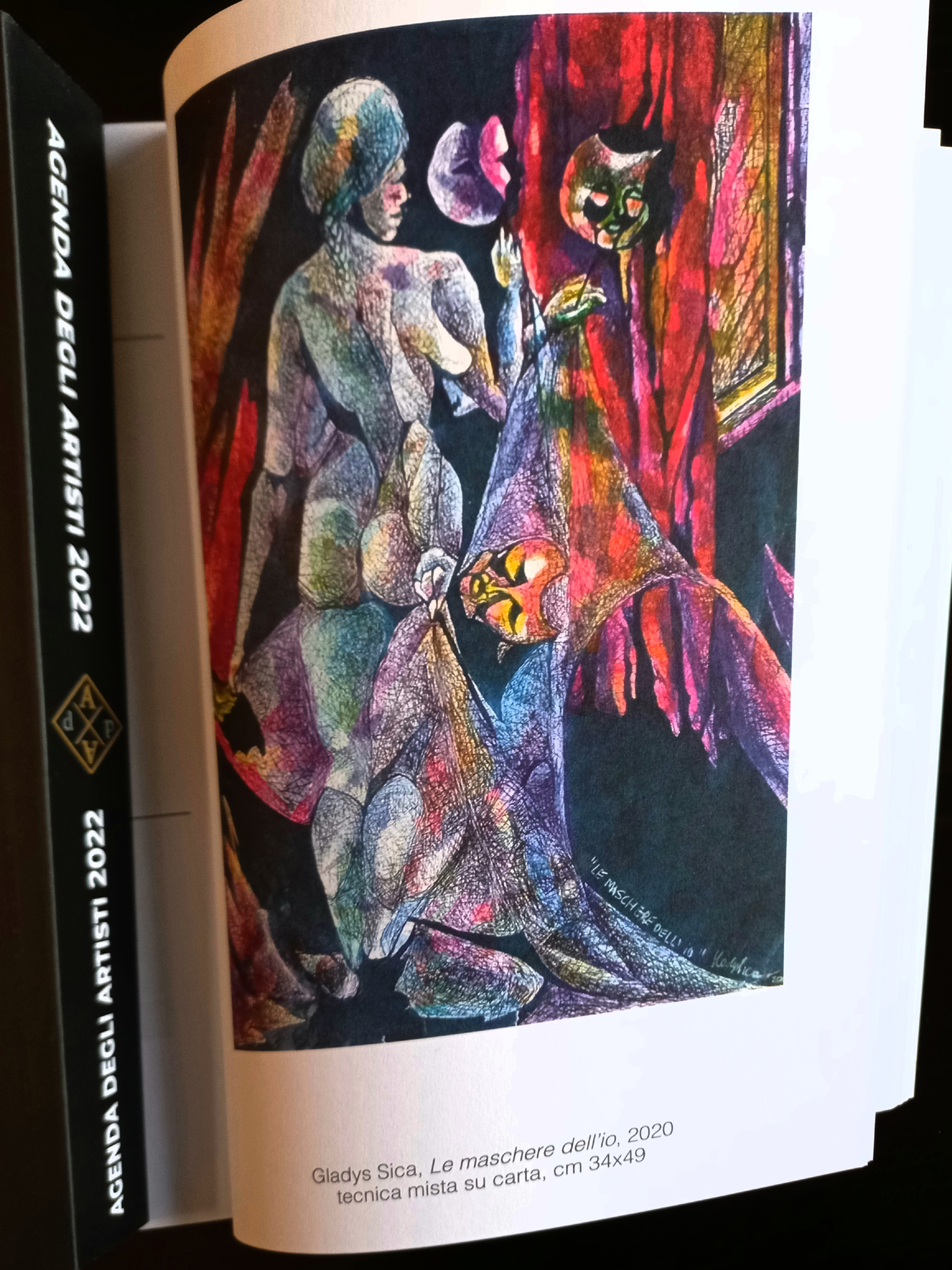 2022 - Agenda degli Artisti, Storica Libreria Bocca, Milano, opera di Gladys Sica 'Le maschere dell'io' tecnica mista su carta, 34x49.