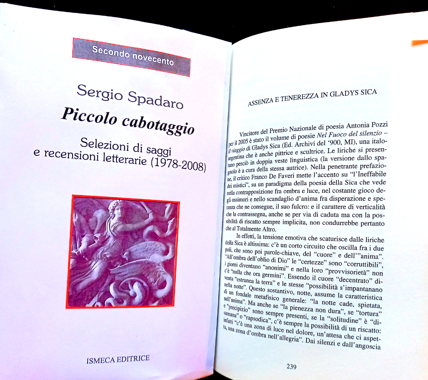 2010 - Recensione del libro 'Nel fuoco del silenzio-il Viaggio' di Gladys Sica, in 'Piccolo cabotaggio' di Sergio Spadaro,  a pag. 239