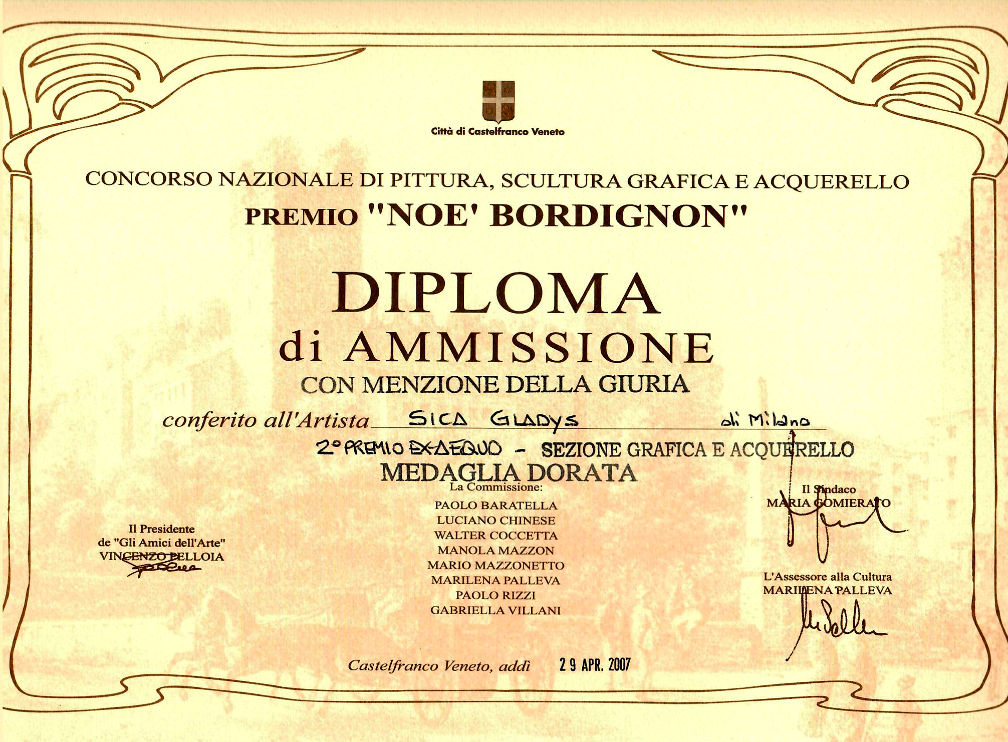 2007 - 2° Premio, Incisione, Concorso'Noé Bordignon', Municipio di Castelfranco Veneto.