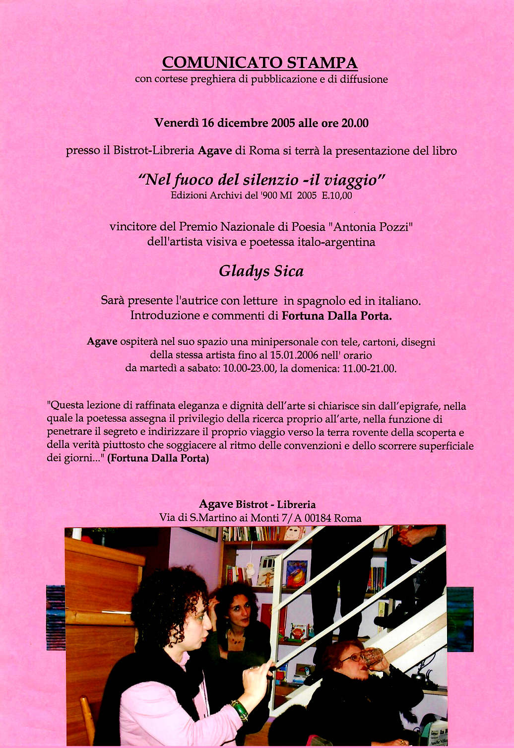 2005 - Presentazione Libro Premiato di Gladys Sica da F. Della Porta e Minipersonale, Bistrot-Libreria 'Agave', Roma