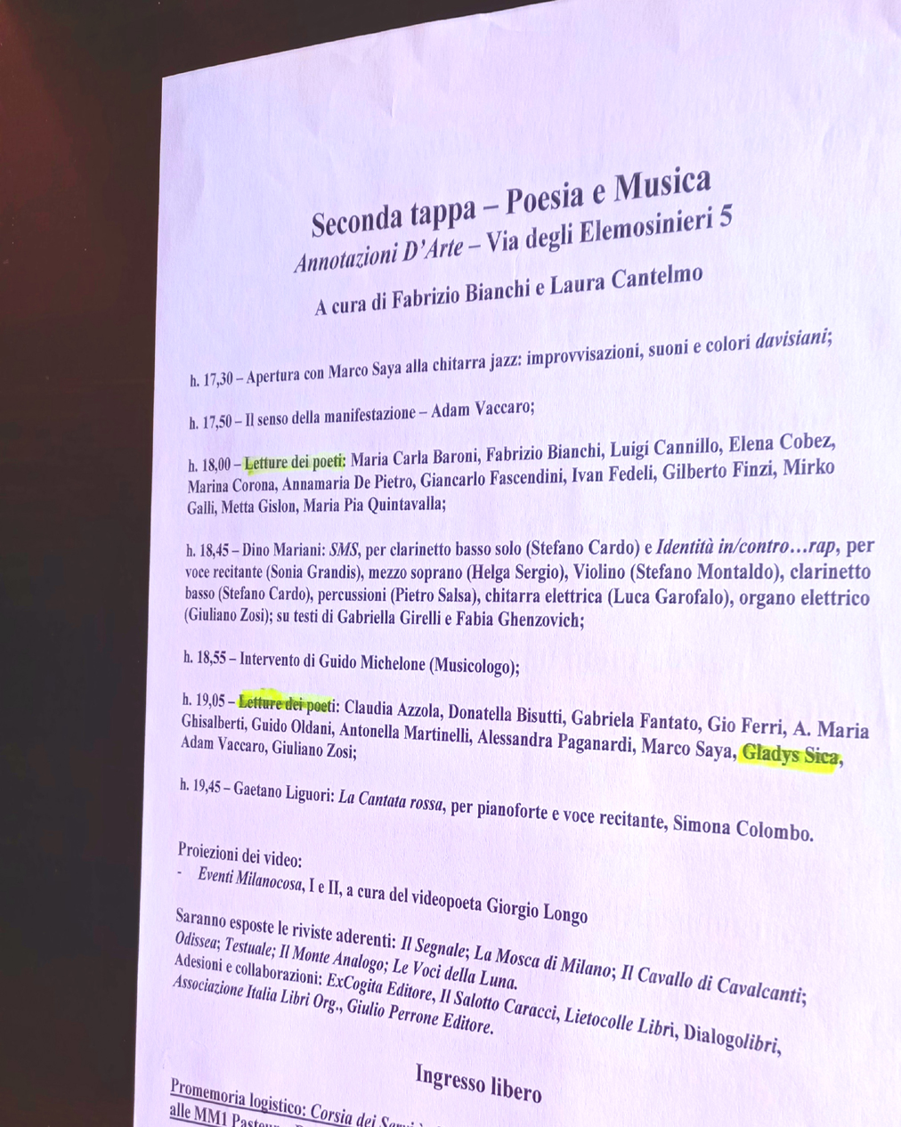 2005 - Lettura 'Poesia e Musica' Gladys Sica con Azzola, Bisutti, Fantato, Oldani, Paganardi, Vaccaro, ecc. Annotazioni d'Arte, Milano