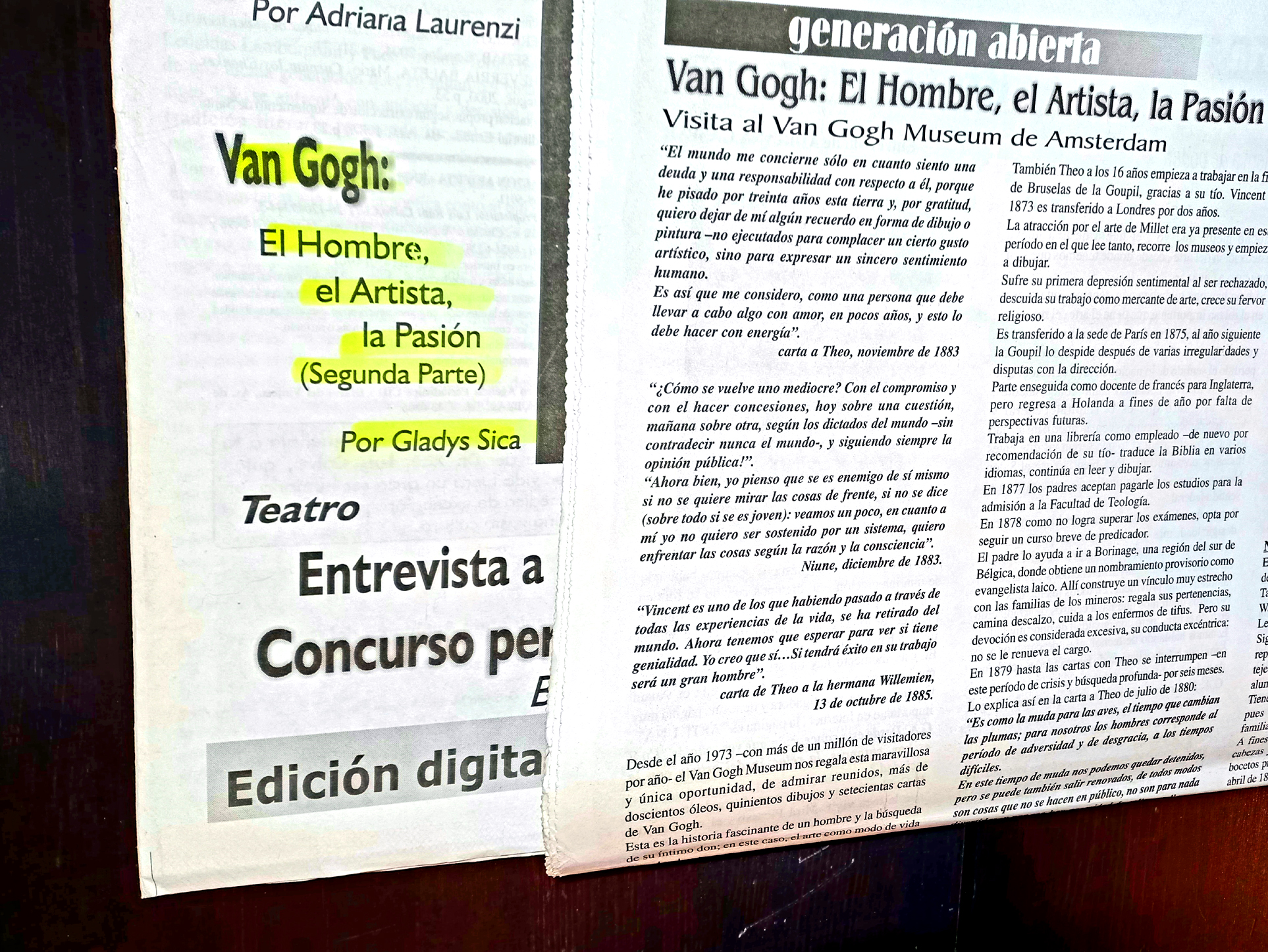 2004 - 'Van Gogh, el hombre. el artista, la pasión',  Recensione di Gladys Sica, Rivista 'Generación abierta', Argentina