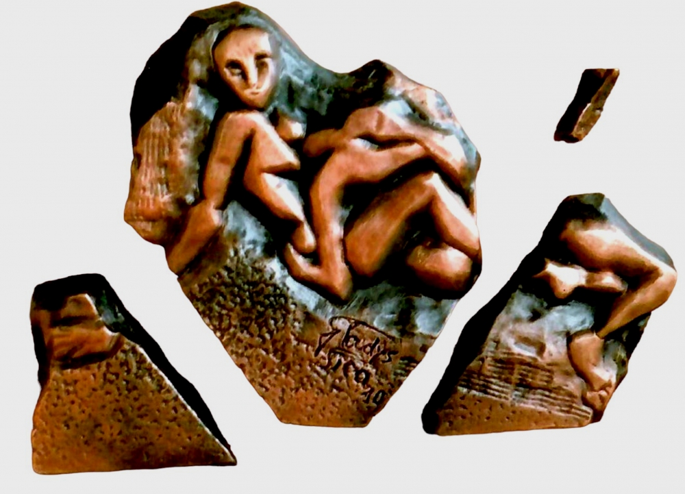 'Spezzato il legame' altorilievo bronzo e legno su travertino (dal marmo) cm40x29,5x6,5-